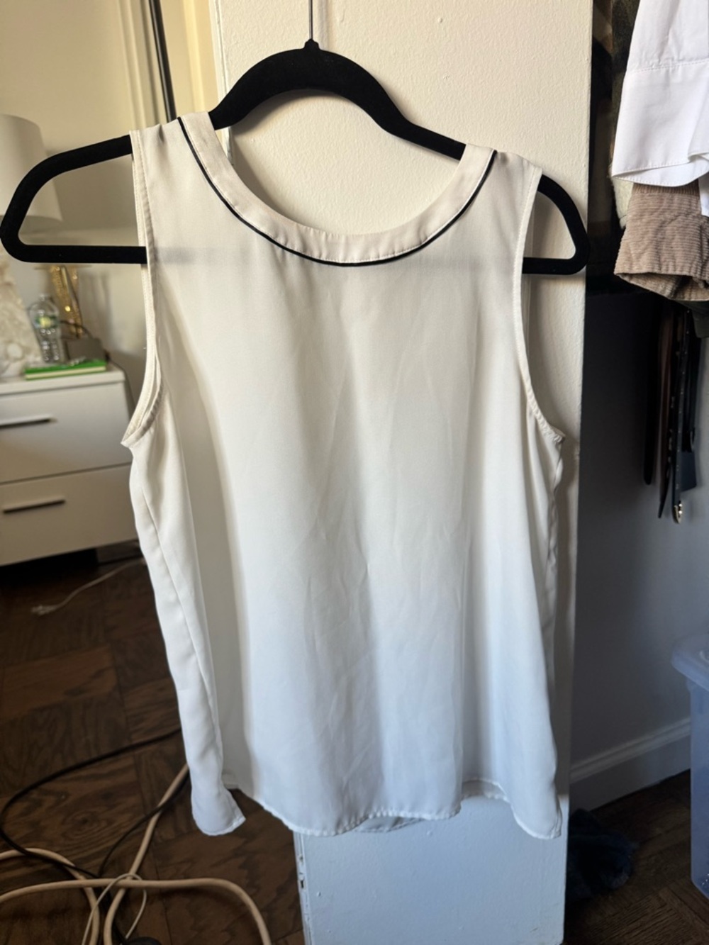 Banana Republic White Sleeveless Shell with Black Neck Trim